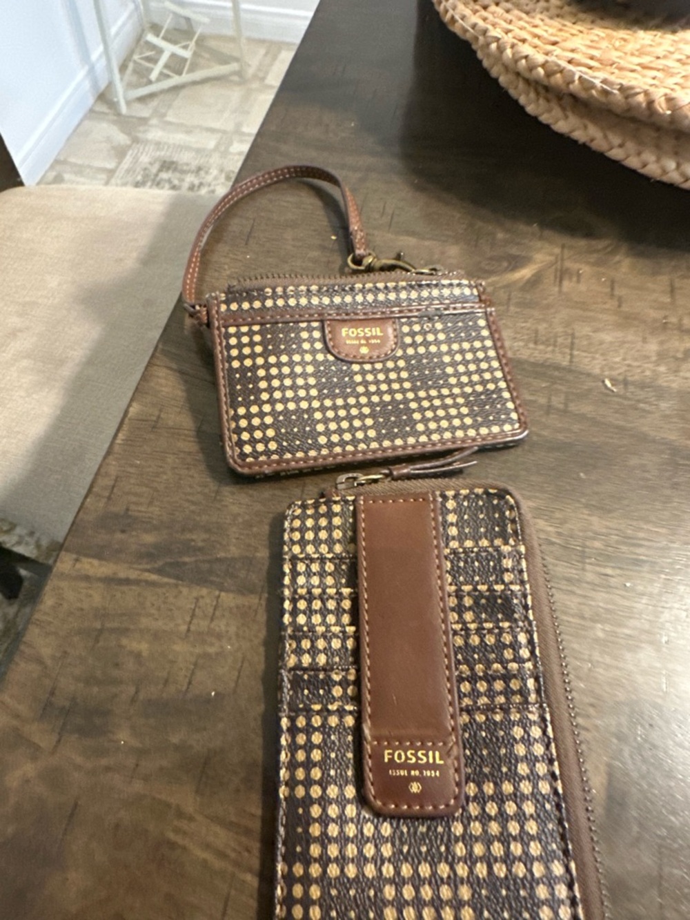 Fossil Brown and Tan Woven Leather Wristlet & Zip Card Case Set